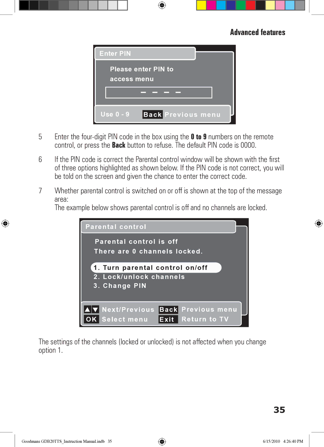 Goodmans GDB20TTS instruction manual Please enter PIN to access menu 