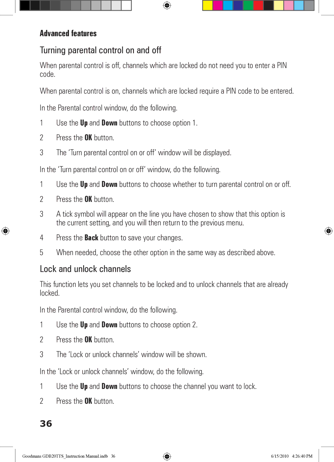 Goodmans GDB20TTS instruction manual Turning parental control on and off, Lock and unlock channels 