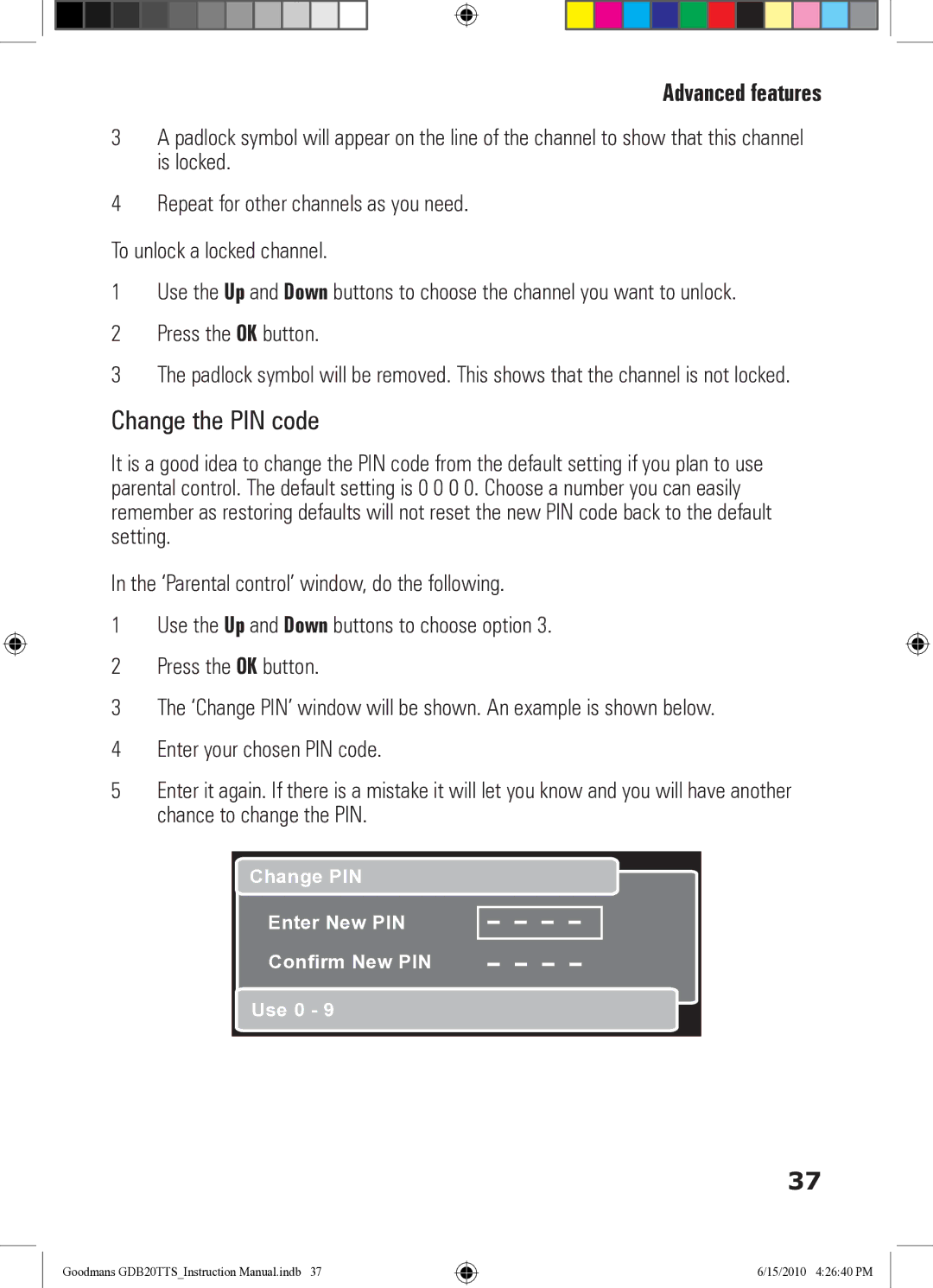 Goodmans GDB20TTS instruction manual Change the PIN code 