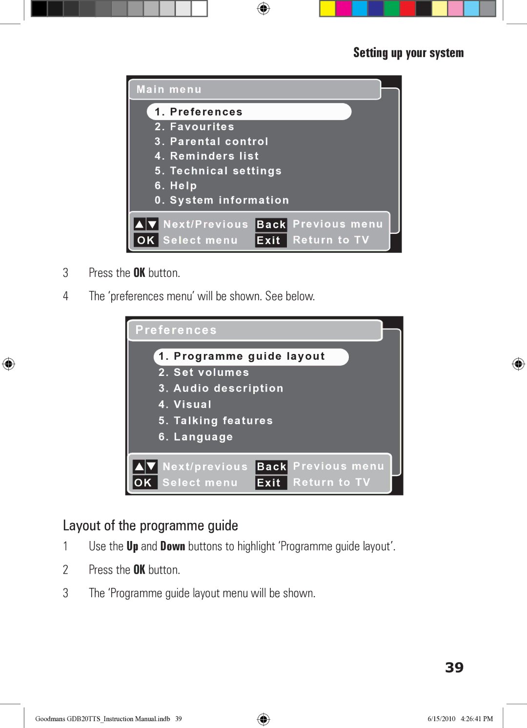 Goodmans GDB20TTS instruction manual Layout of the programme guide, Preferences 