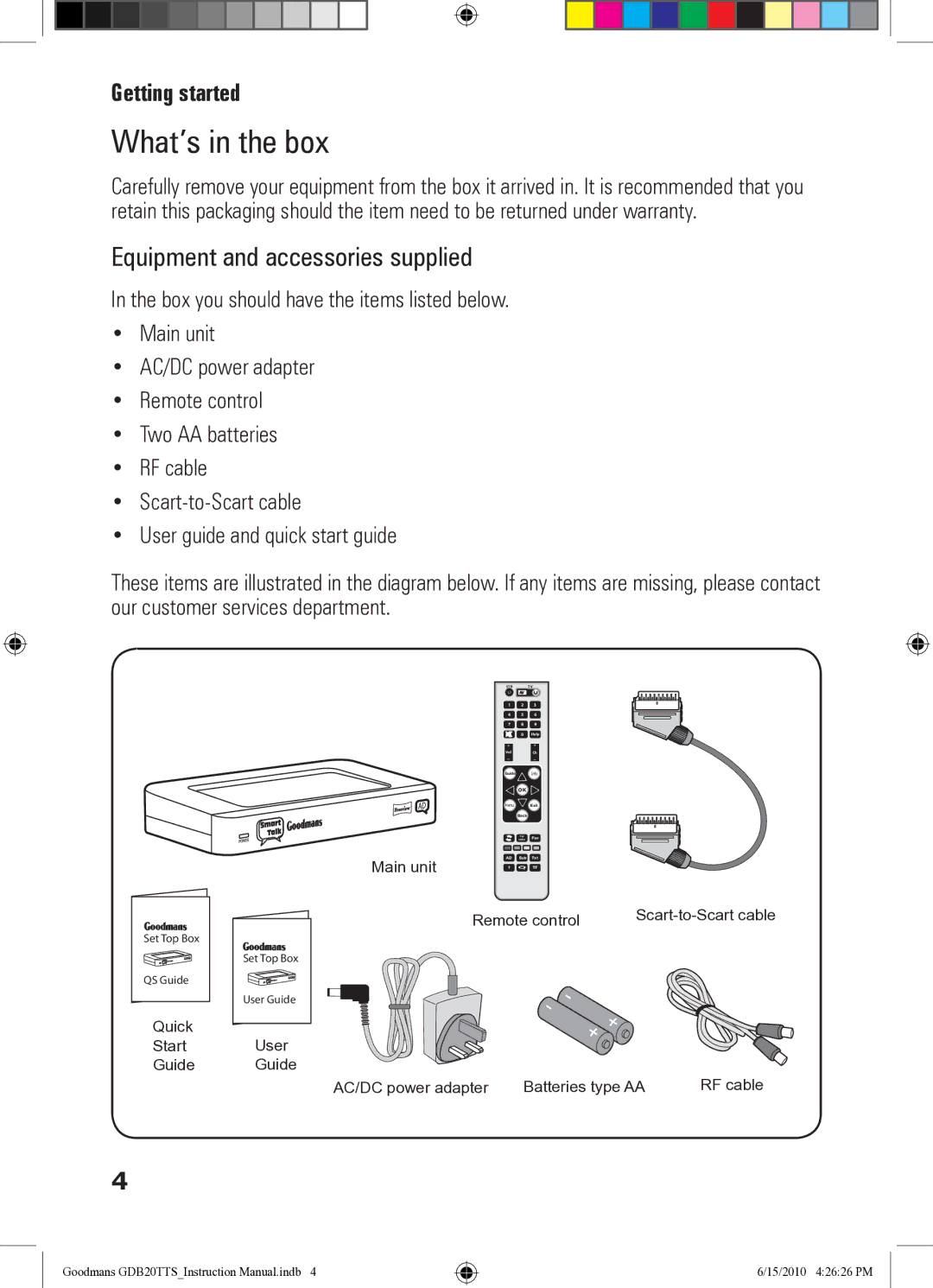 Goodmans GDB20TTS instruction manual What’s in the box, Equipment and accessories supplied 