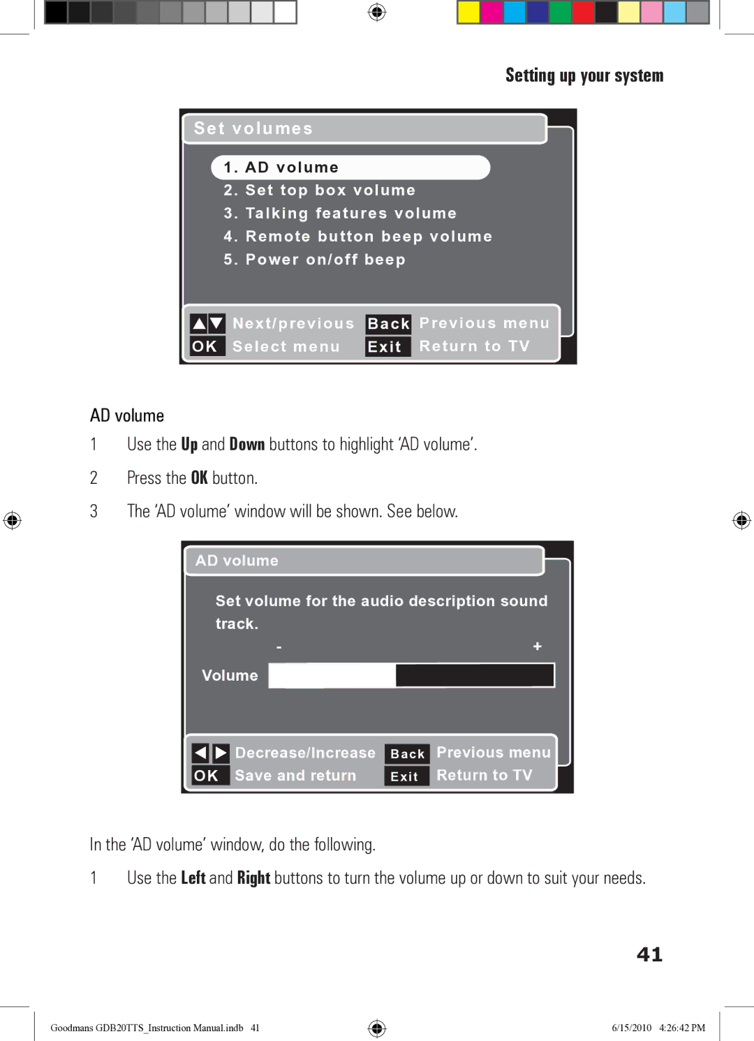 Goodmans GDB20TTS instruction manual ‘AD volume’ window, do the following, Set volumes 