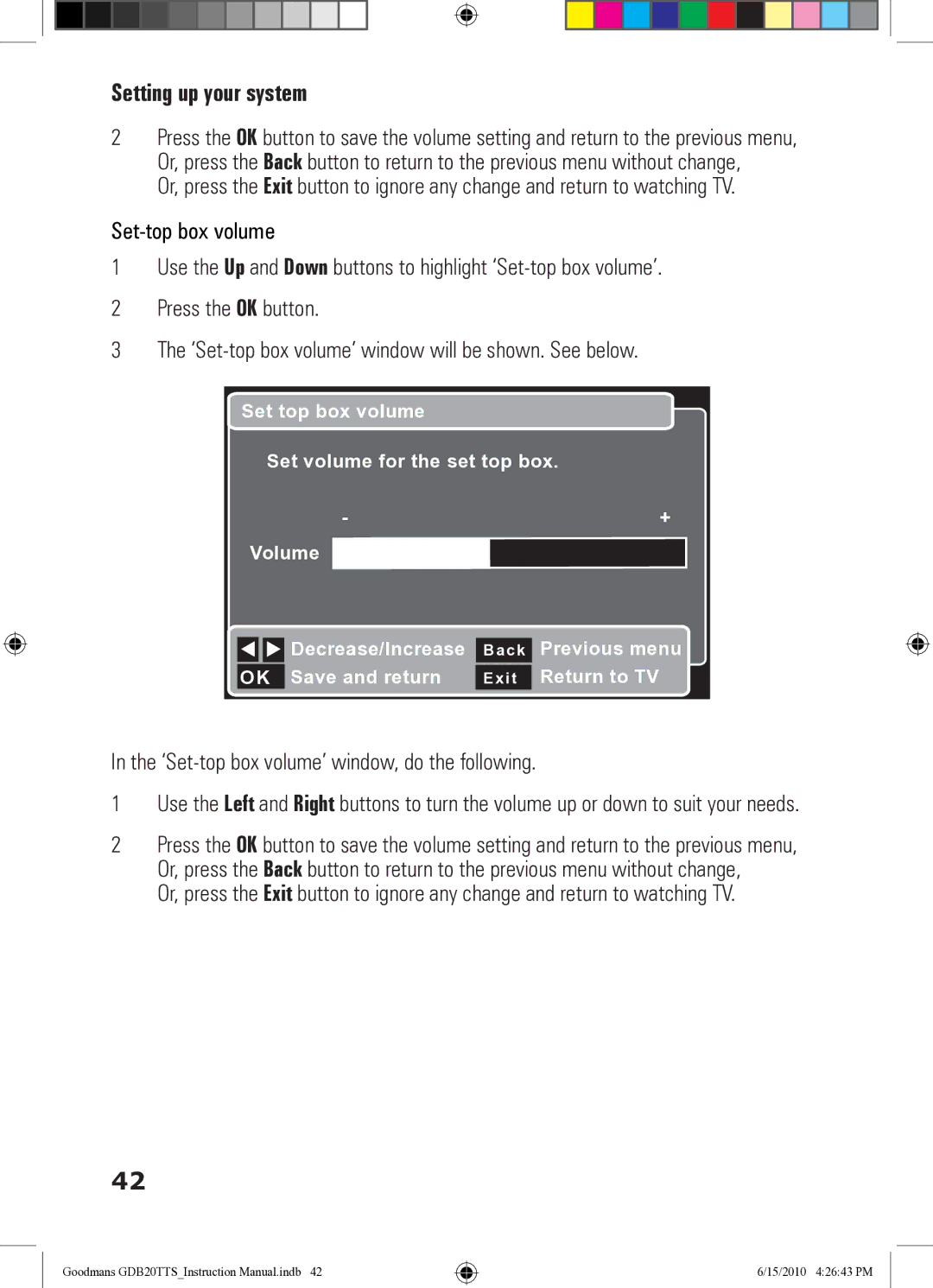 Goodmans GDB20TTS instruction manual ‘Set-top box volume’ window, do the following 