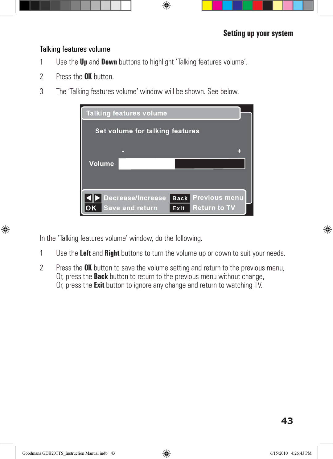 Goodmans GDB20TTS instruction manual ‘Talking features volume’ window, do the following 