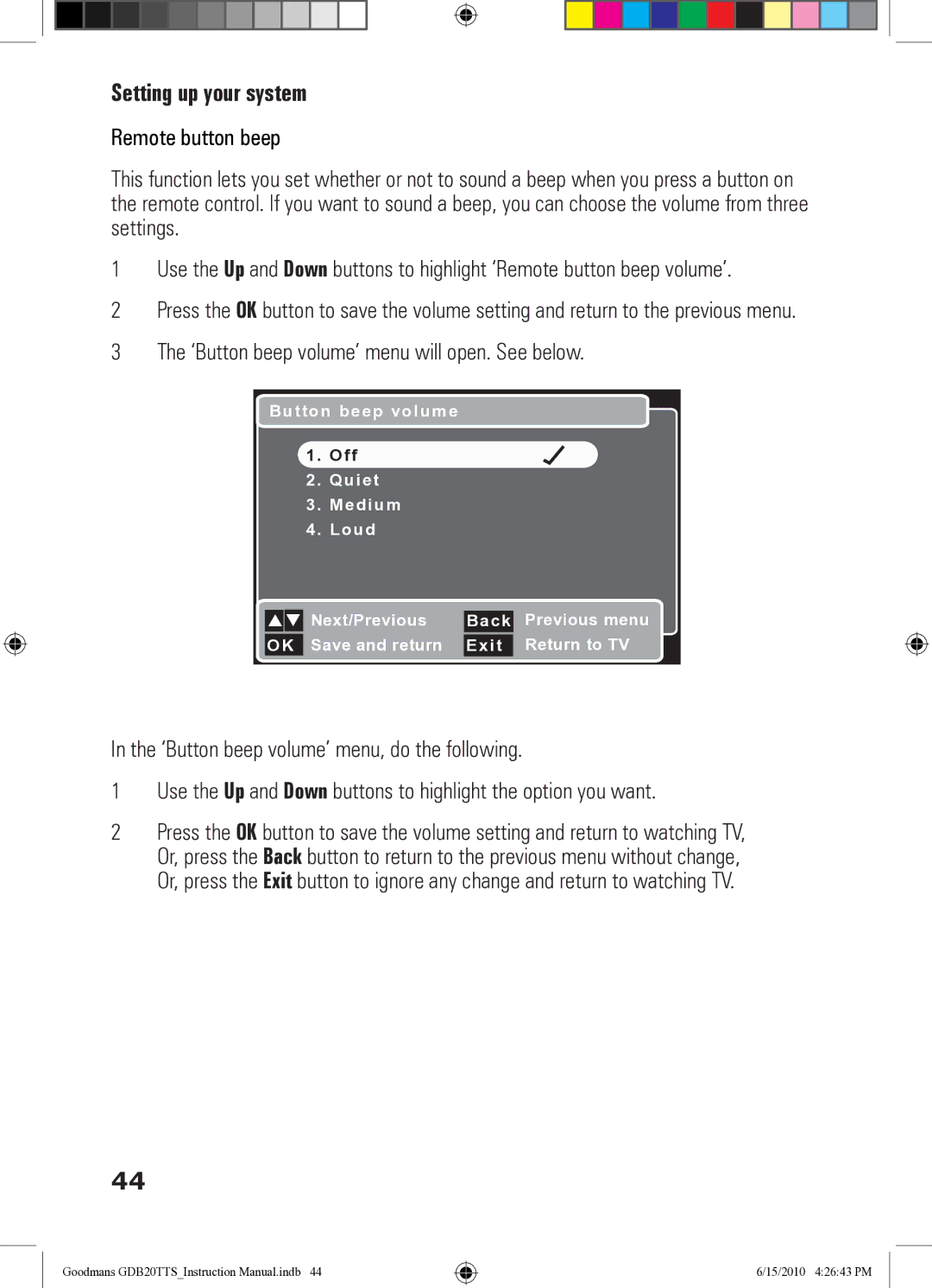 Goodmans GDB20TTS instruction manual ‘Button beep volume’ menu will open. See below 