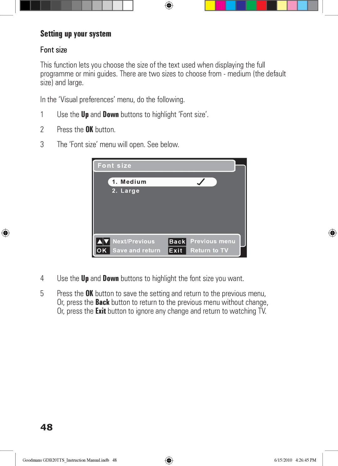 Goodmans GDB20TTS instruction manual Font size 