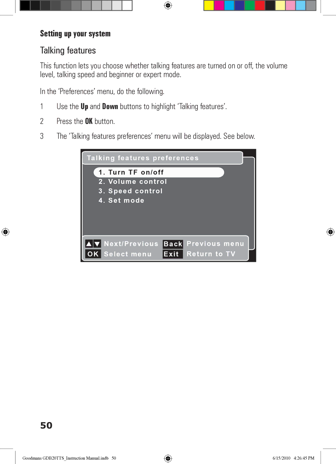 Goodmans GDB20TTS instruction manual Talking features, Volume control 