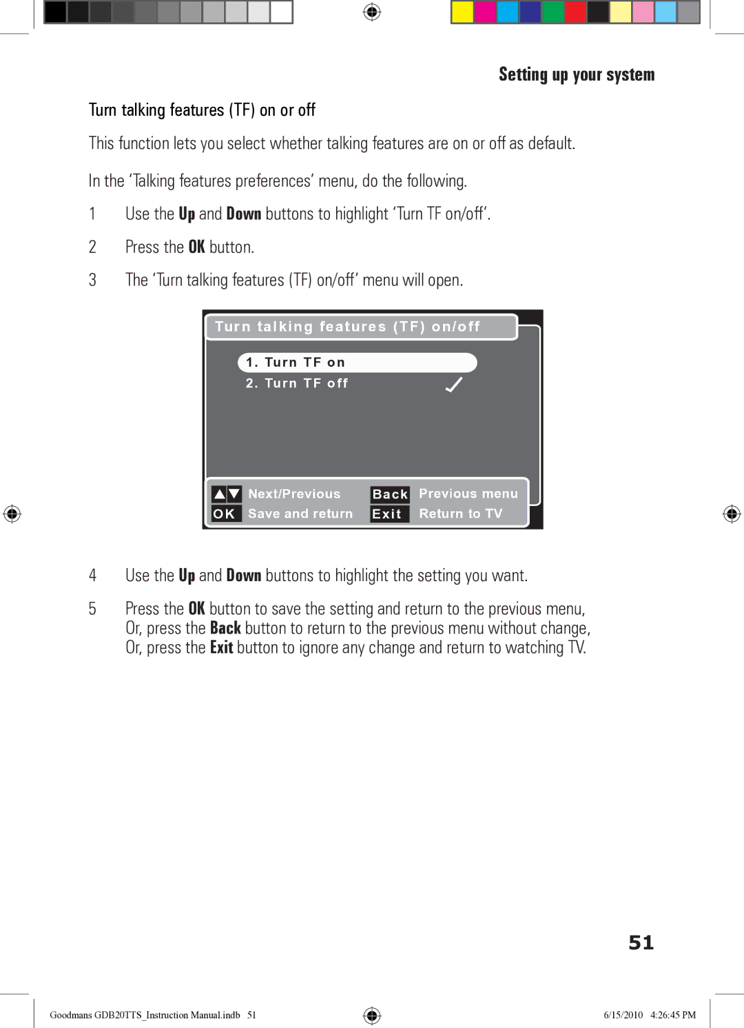 Goodmans GDB20TTS instruction manual Turn talking features TF on/off 