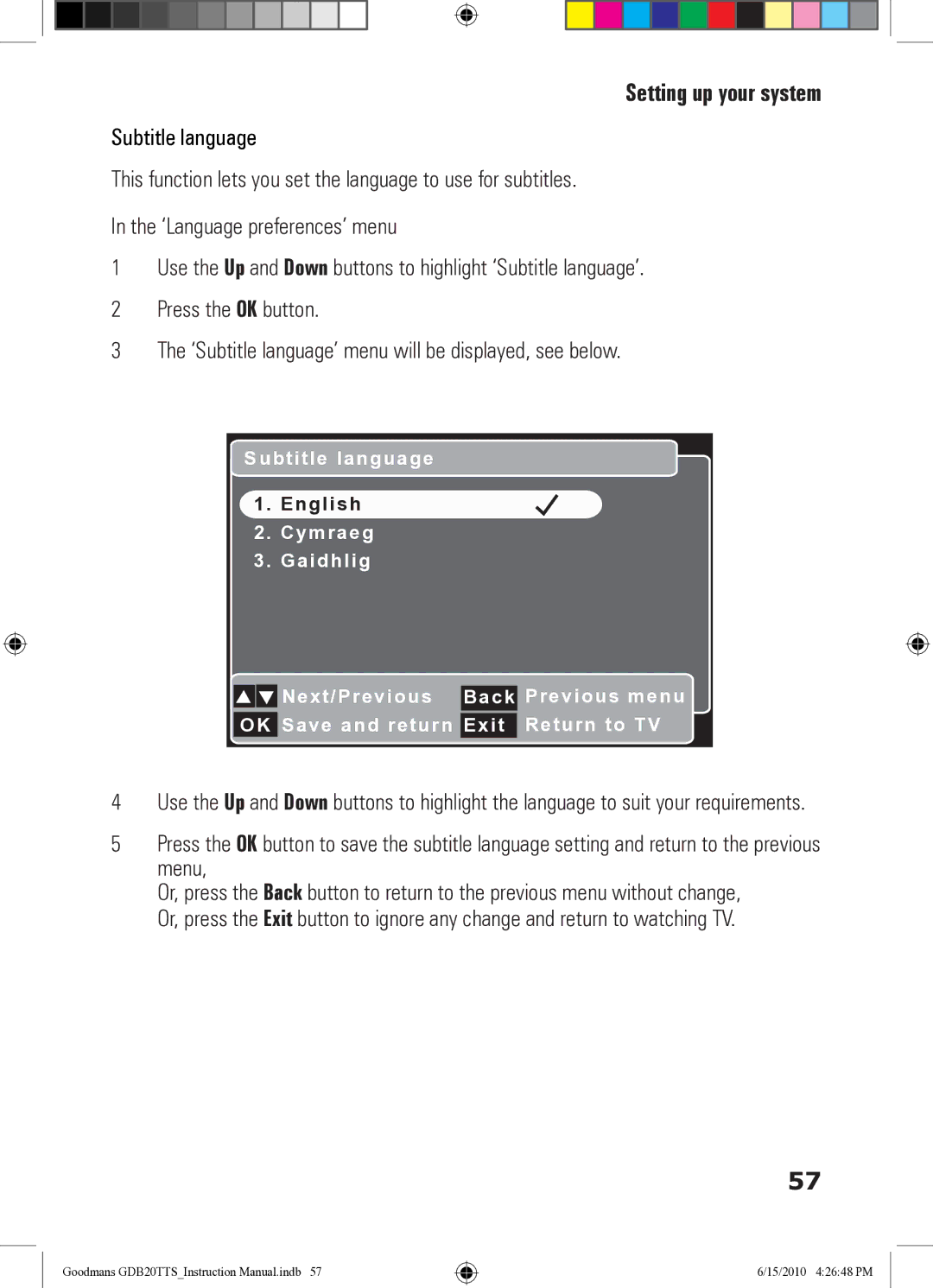 Goodmans GDB20TTS instruction manual Subtitle language 