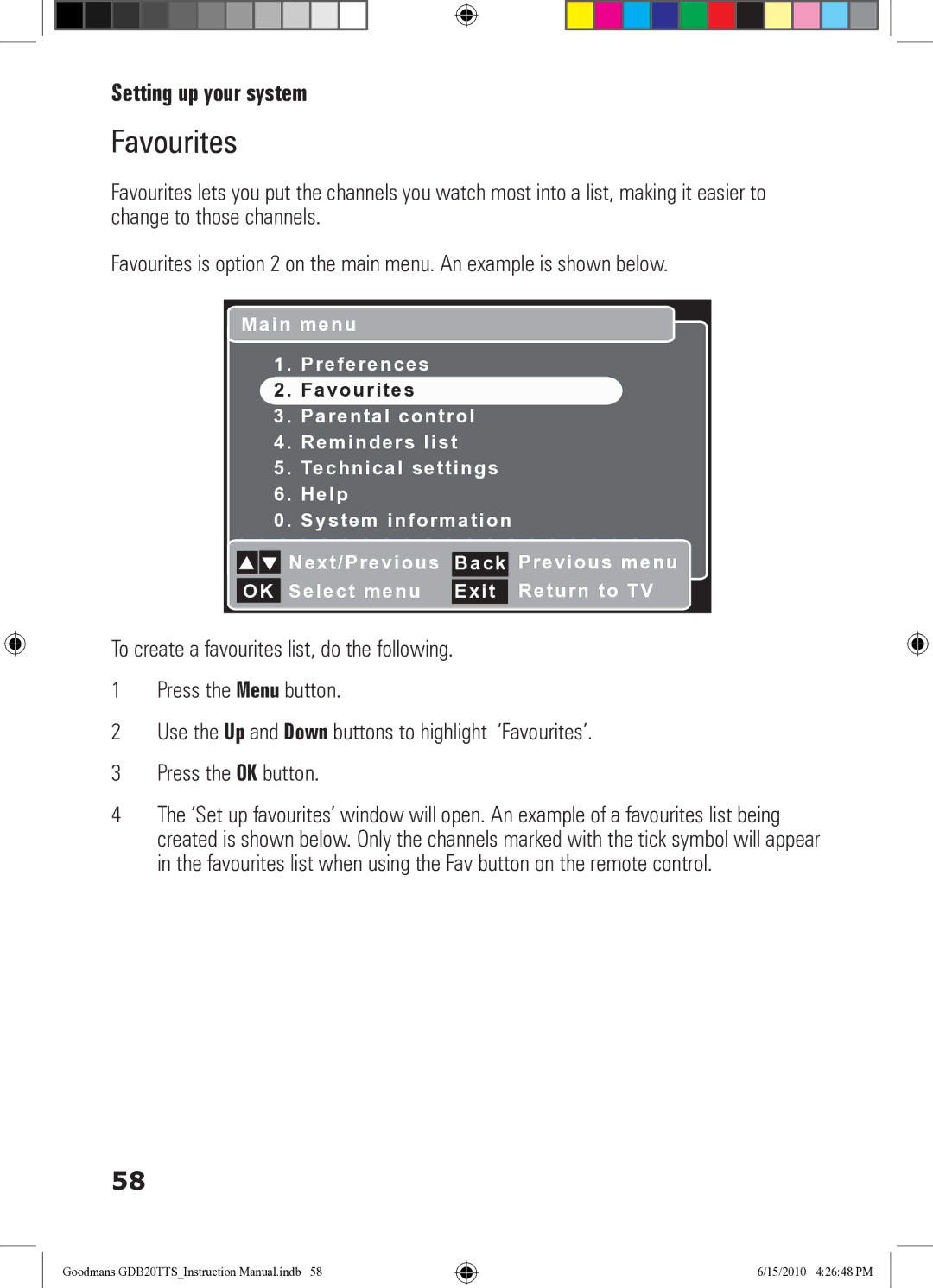 Goodmans GDB20TTS instruction manual Favourites, Preferences 