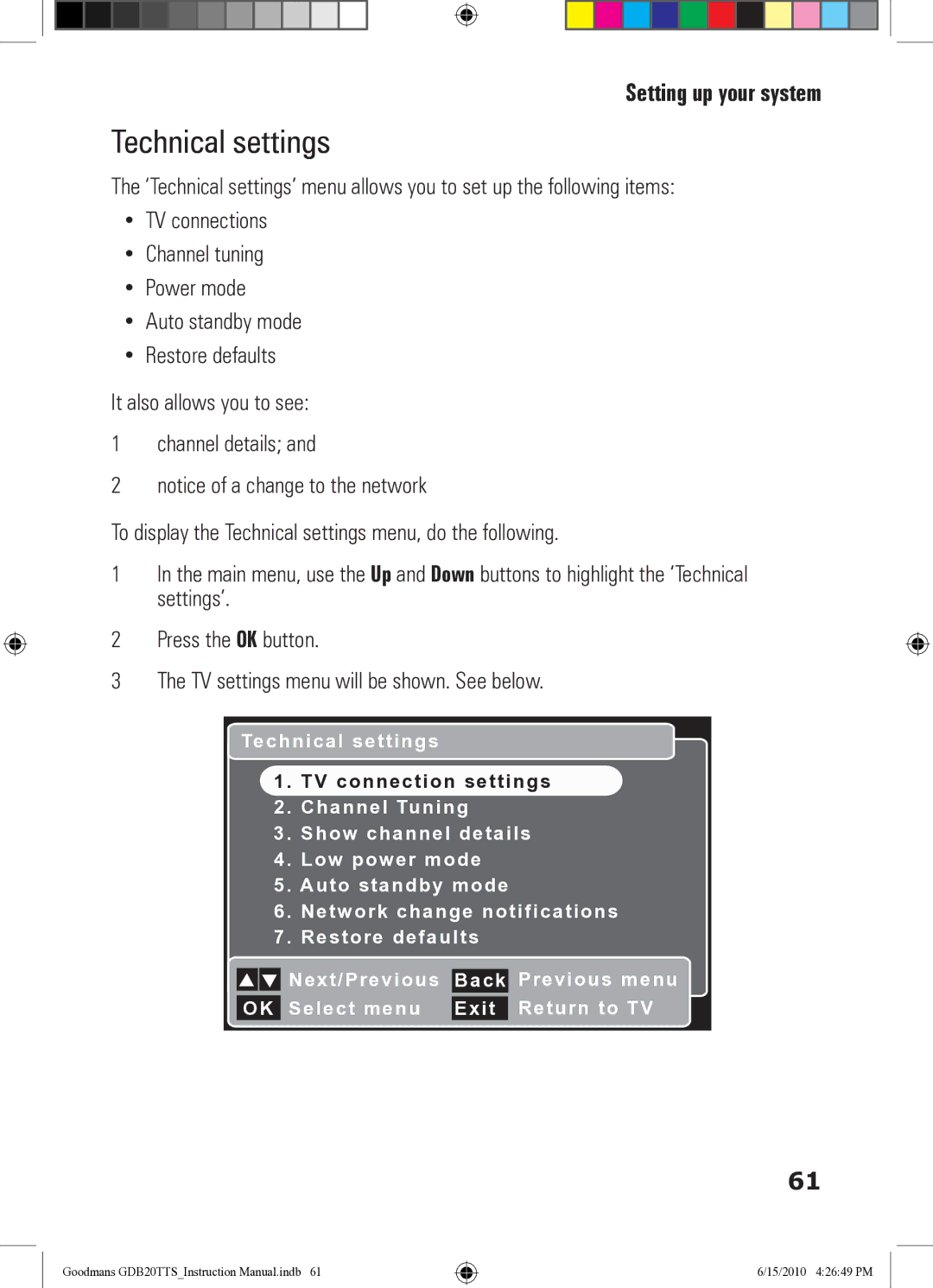 Goodmans GDB20TTS instruction manual Technical settings 