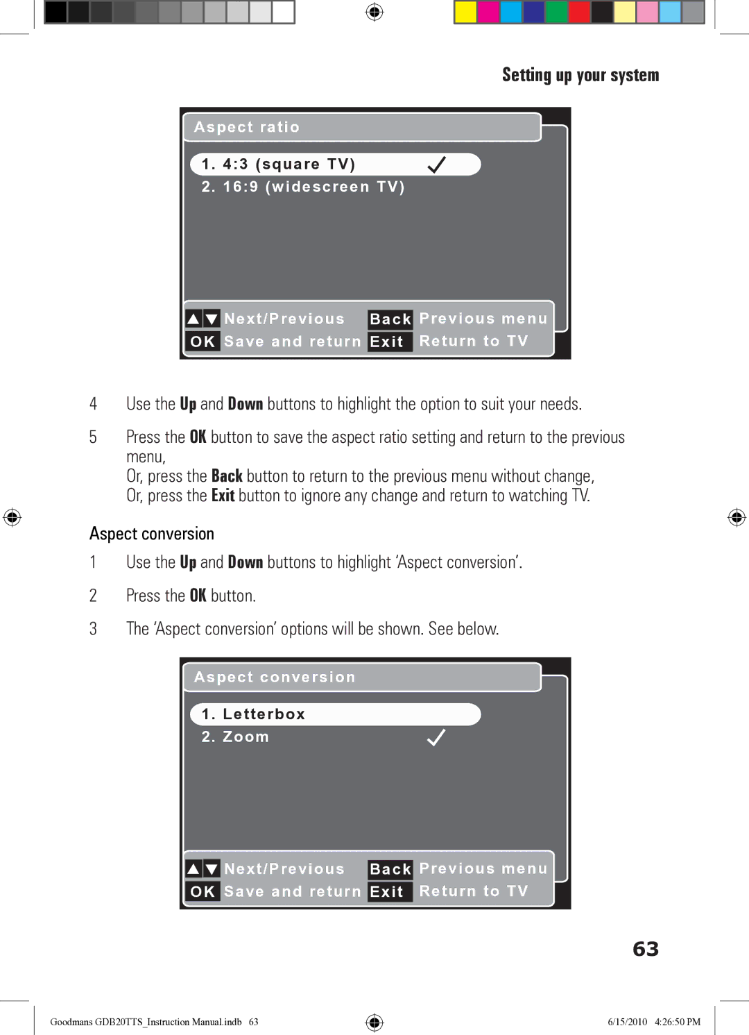 Goodmans GDB20TTS instruction manual Aspect ratio 