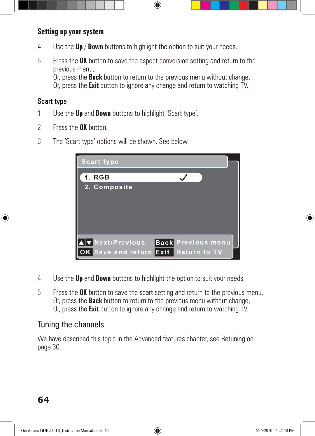 Goodmans GDB20TTS instruction manual Tuning the channels 