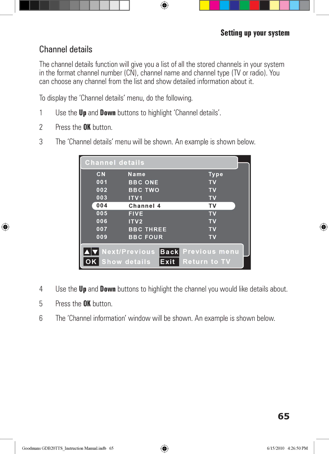 Goodmans GDB20TTS instruction manual Channel details 