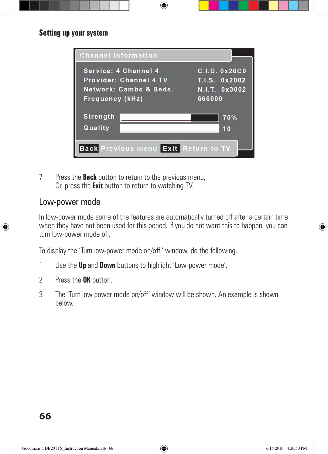 Goodmans GDB20TTS instruction manual Low-power mode, Channel information 