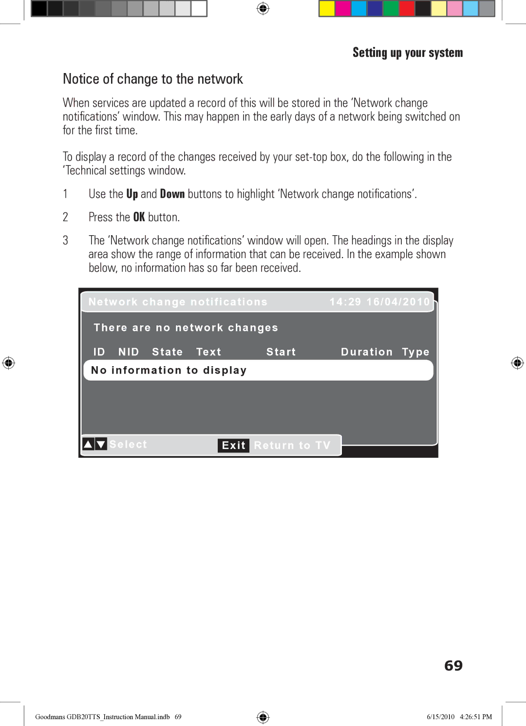 Goodmans GDB20TTS instruction manual Select Return to TV Exit 