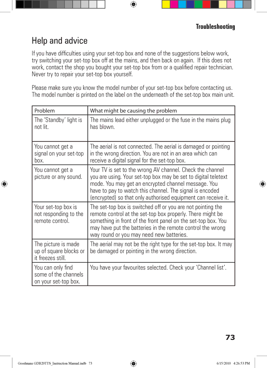 Goodmans GDB20TTS instruction manual Help and advice 