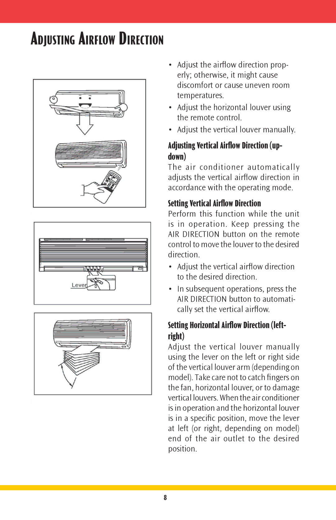 Goodmans GMSG owner manual Adjusting Airflow Direction, Adjusting Vertical Airﬂow Direction up- down 