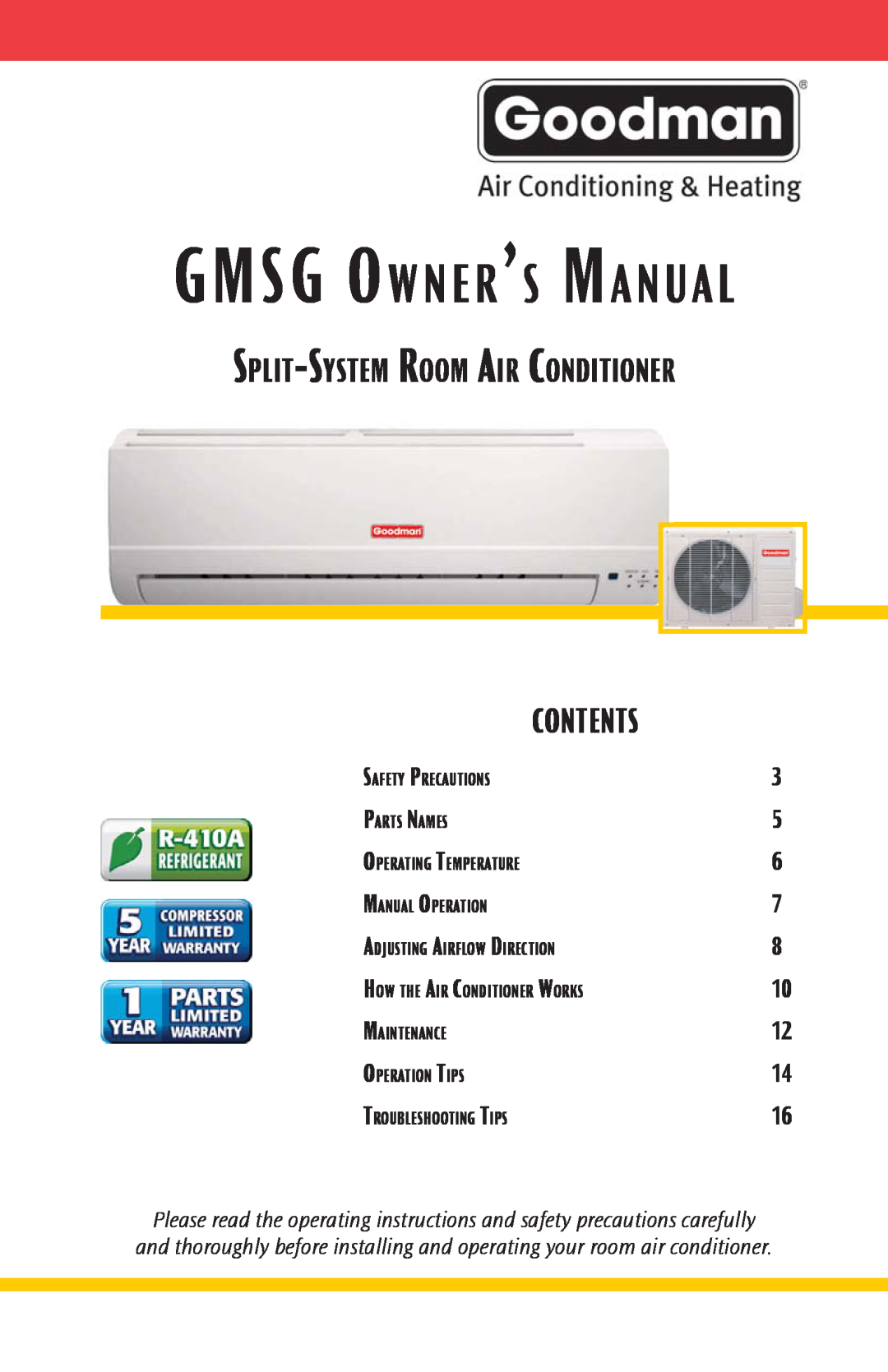 Goodmans GMSG owner manual Contents, Split-System Room Air Conditioner 