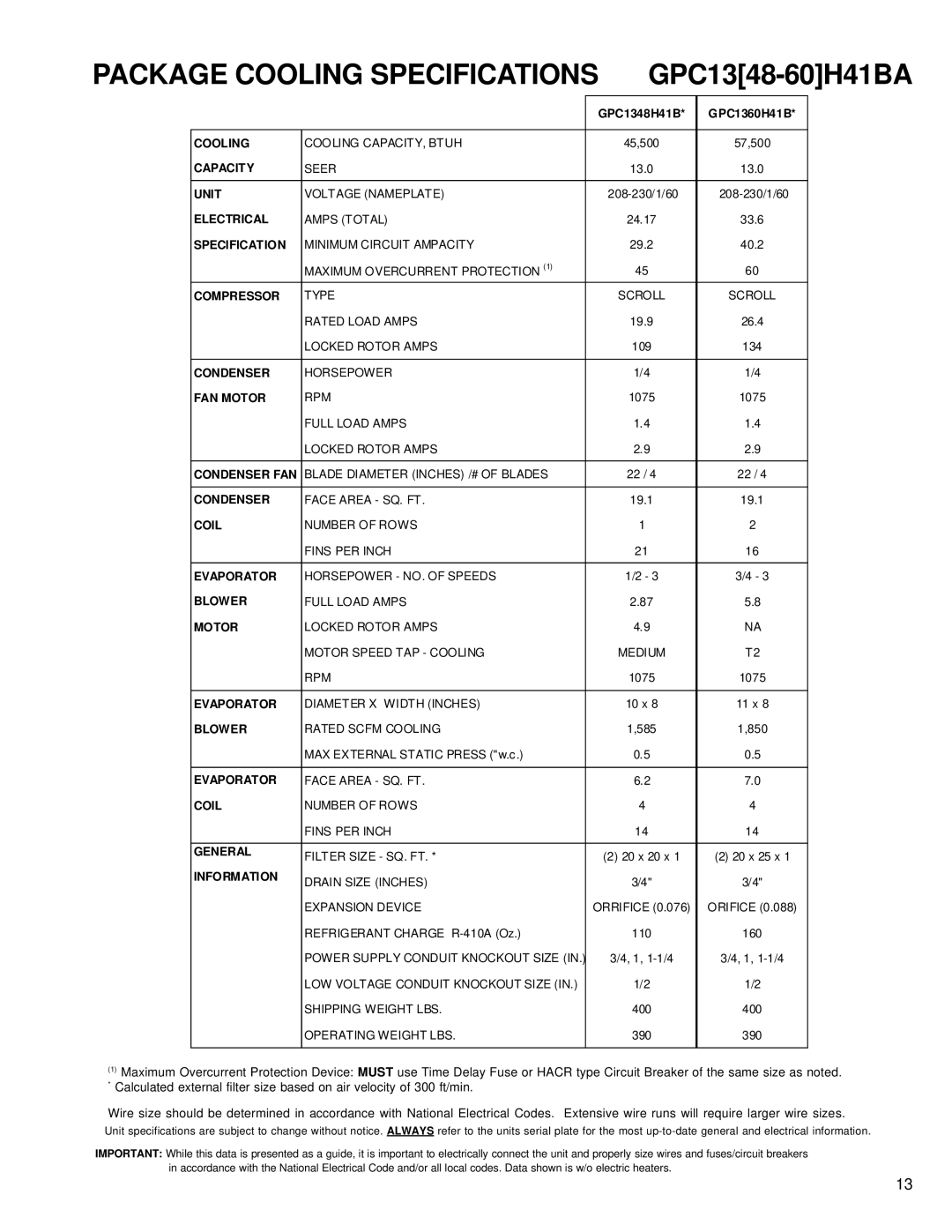 Goodmans GPC1324H41A, GPC 13 SEER R-410A Package Cooling Specifications GPC1348-60H41BA, GPC1348H41B GPC1360H41B 
