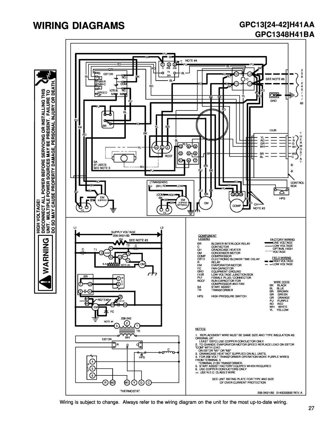 Goodmans GPC1324H41A, GPC 13 SEER R-410A service manual Wiring Diagrams, GPC1324-42H41AAGPC1348H41BA 