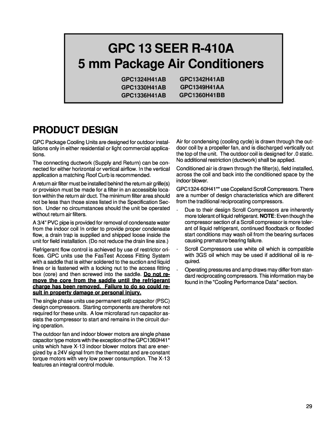 Goodmans service manual GPC 13 SEER R-410A 5 mm Package Air Conditioners, Product Design, GPC1324H41AB GPC1342H41AB 