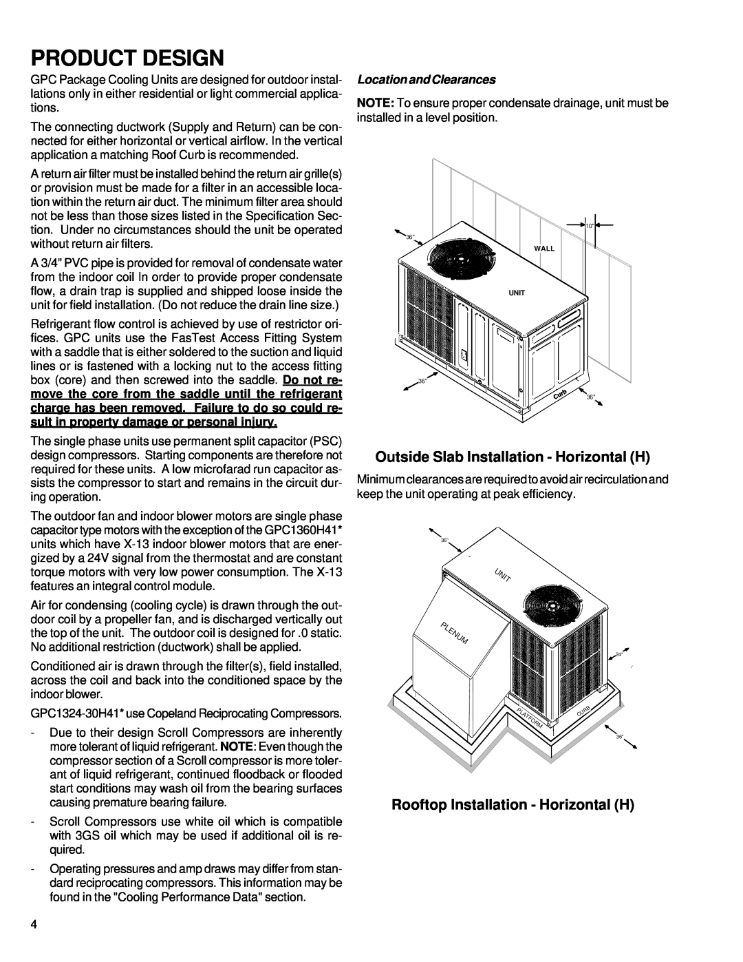 Goodmans GPC 13 SEER R-410A Product Design, Outside Slab Installation - Horizontal H, Rooftop Installation - Horizontal H 