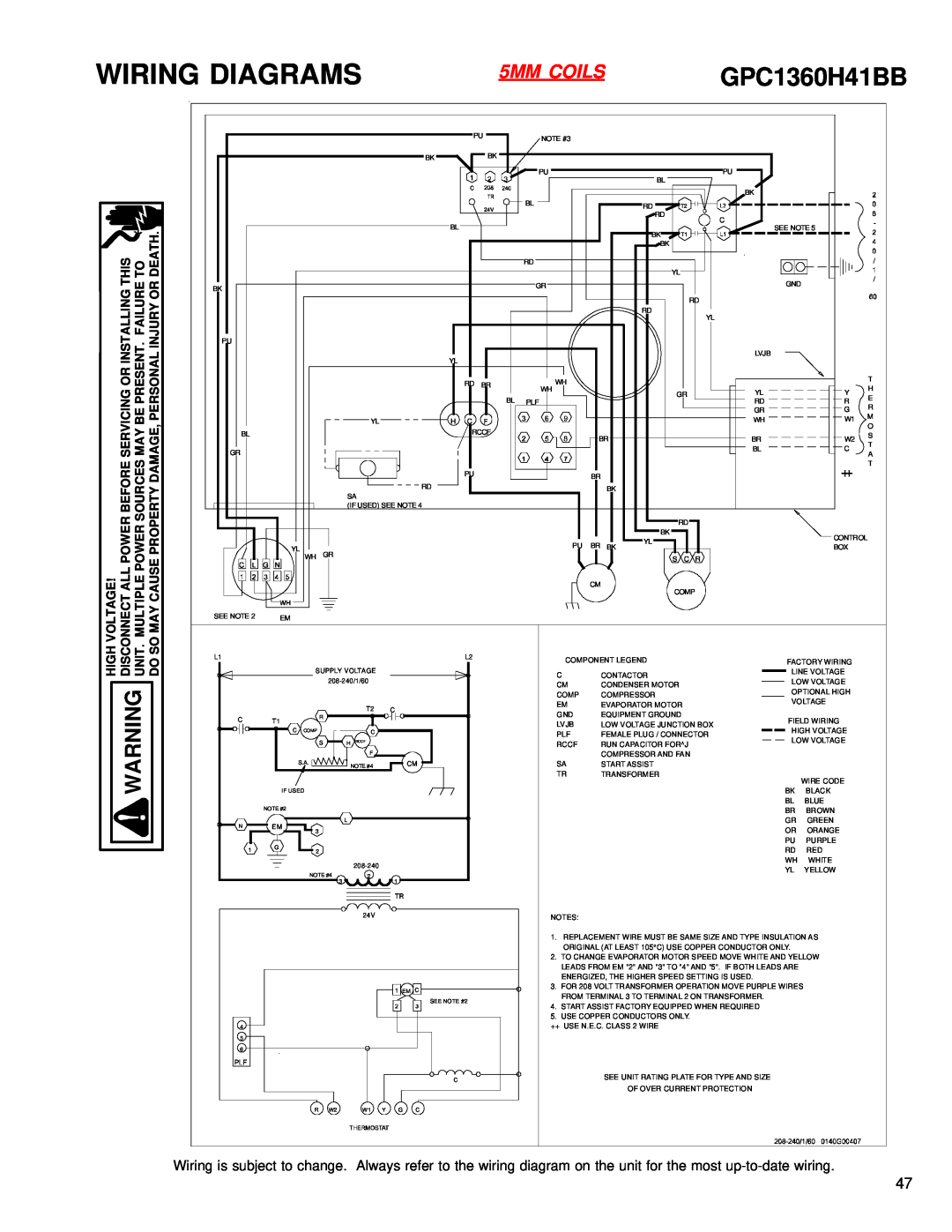 Goodmans GPC1324H41A, GPC 13 SEER R-410A service manual Wiring Diagrams, GPC1360H41BB, 5MM COILS, High Warning Unit. Do 