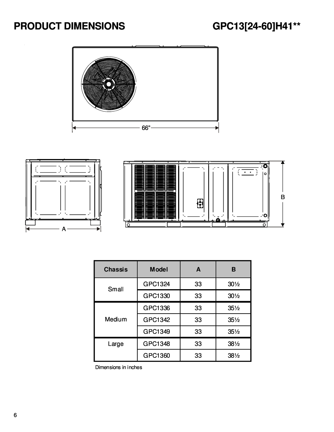 Goodmans GPC 13 SEER R-410A, GPC1324H41A service manual Product Dimensions, GPC1324-60H41, Chassis, Model 