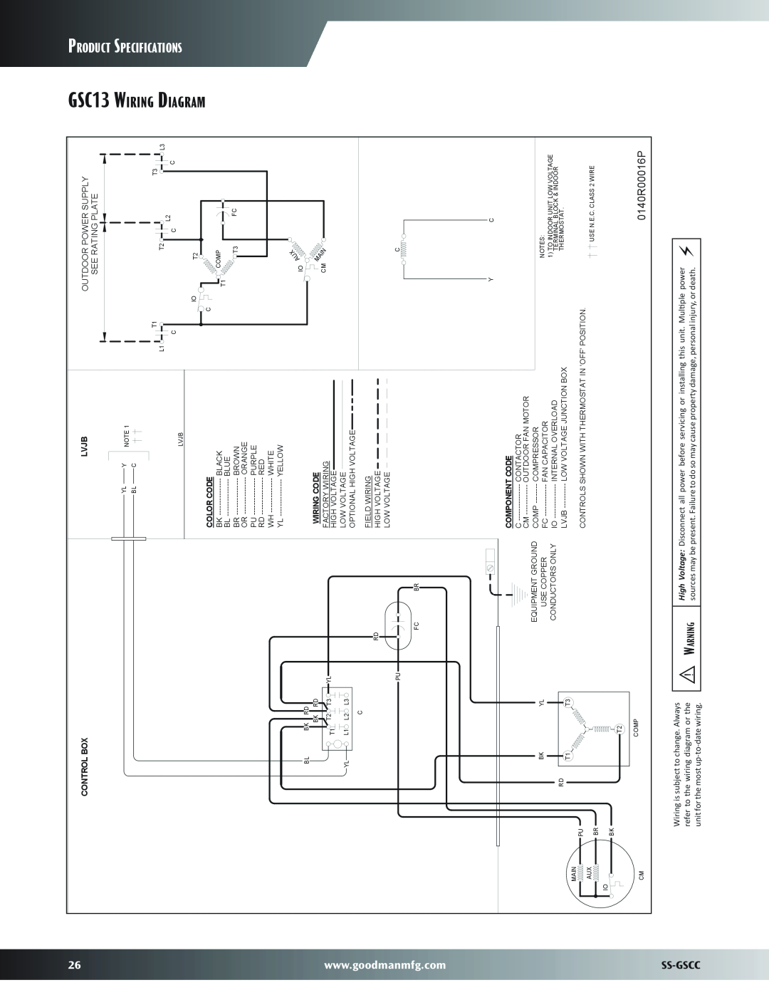Goodmans GSC13 Wiring Diagram, Specifications, 0140R00016P, Ss-Gscc, Product, Control Box, Lvjb, Color Code, Wiring Code 