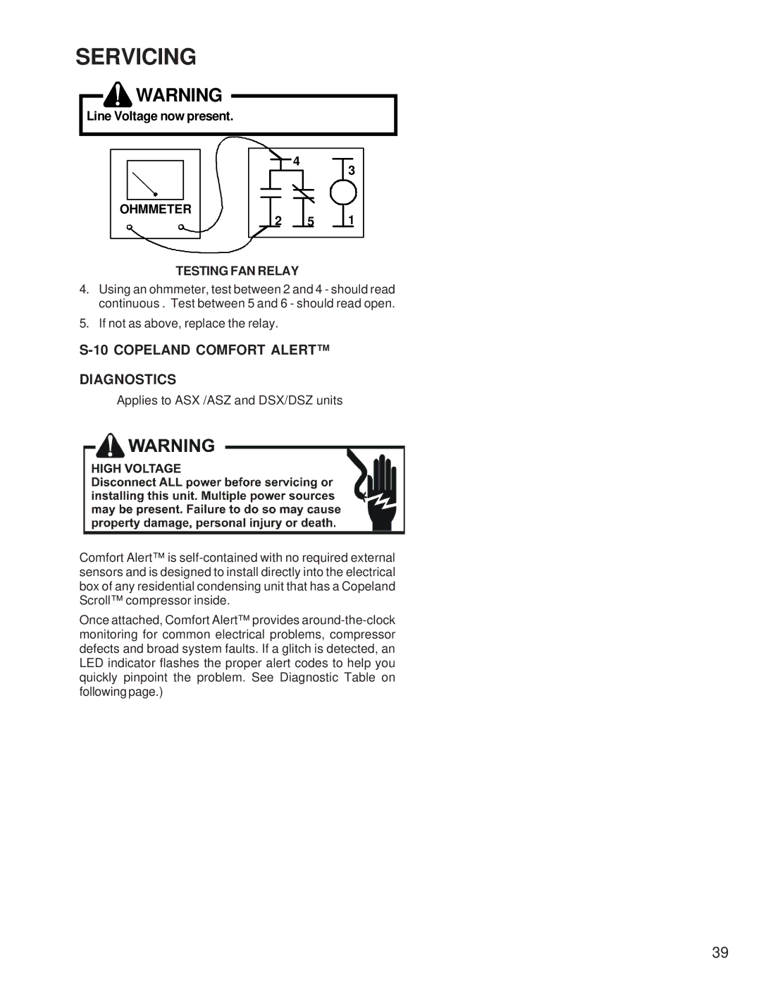 Goodmans SSZ, GSZ, ASZ, SSX, ASX, DSZ, DSX, GSX manual Copeland Comfort Alert Diagnostics, Testing FAN Relay 