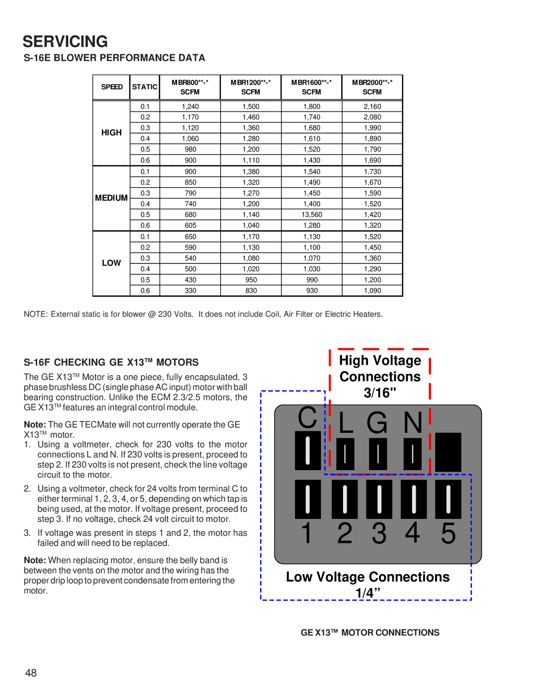 Goodmans GSZ, ASZ, SSX, ASX, DSZ, DSX 16E Blower Performance Data, 16F Checking GE X13TM Motors, GE X13TM Motor Connections 