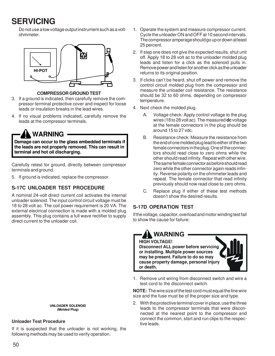 Goodmans SSX, GSZ, ASZ, ASX, DSZ, DSX, GSX, SSZ manual 17C Unloader Test Procedure, 17D Operation Test, Compressor Ground Test 