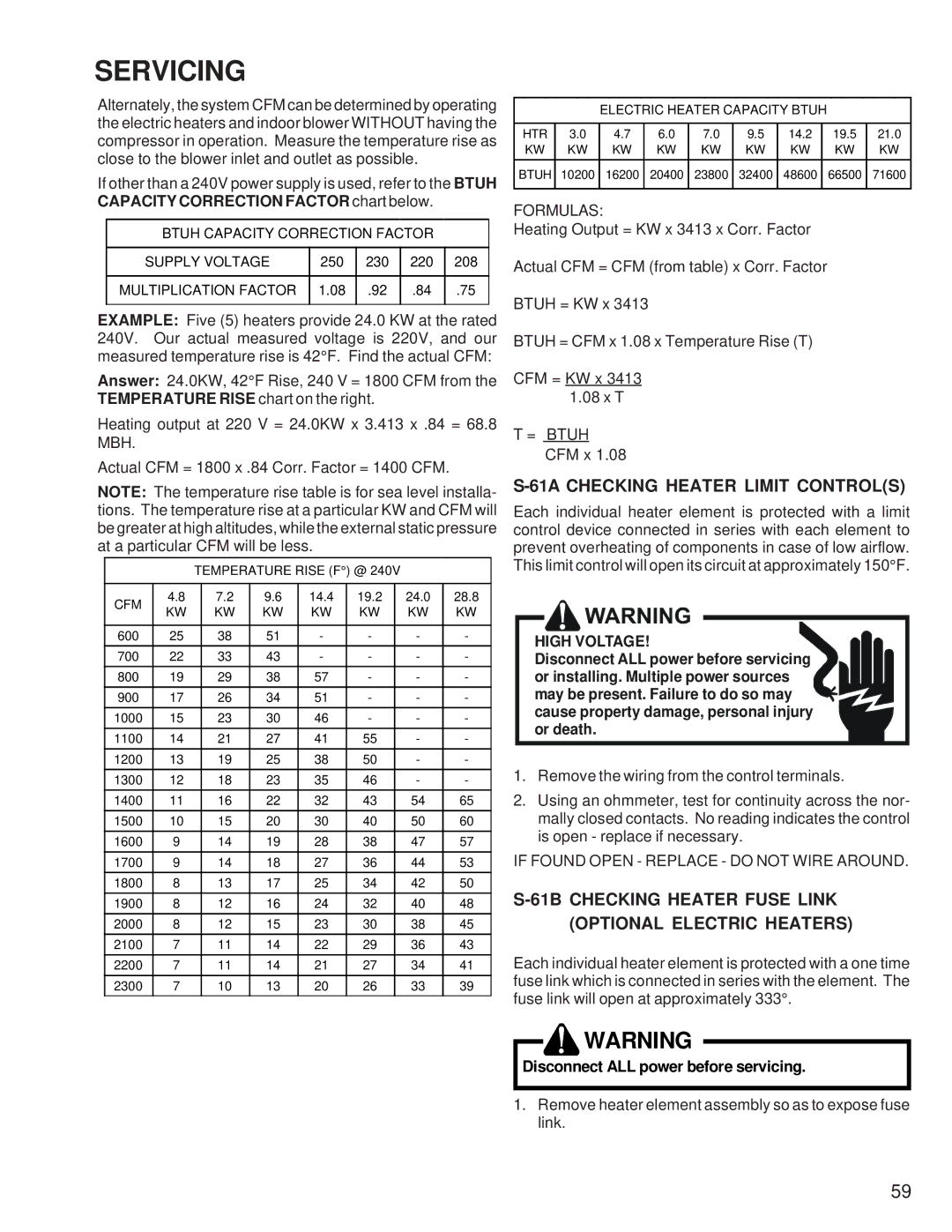 Goodmans ASX, GSZ 61A Checking Heater Limit Controls, 61B Checking Heater Fuse Link Optional Electric Heaters, Formulas 