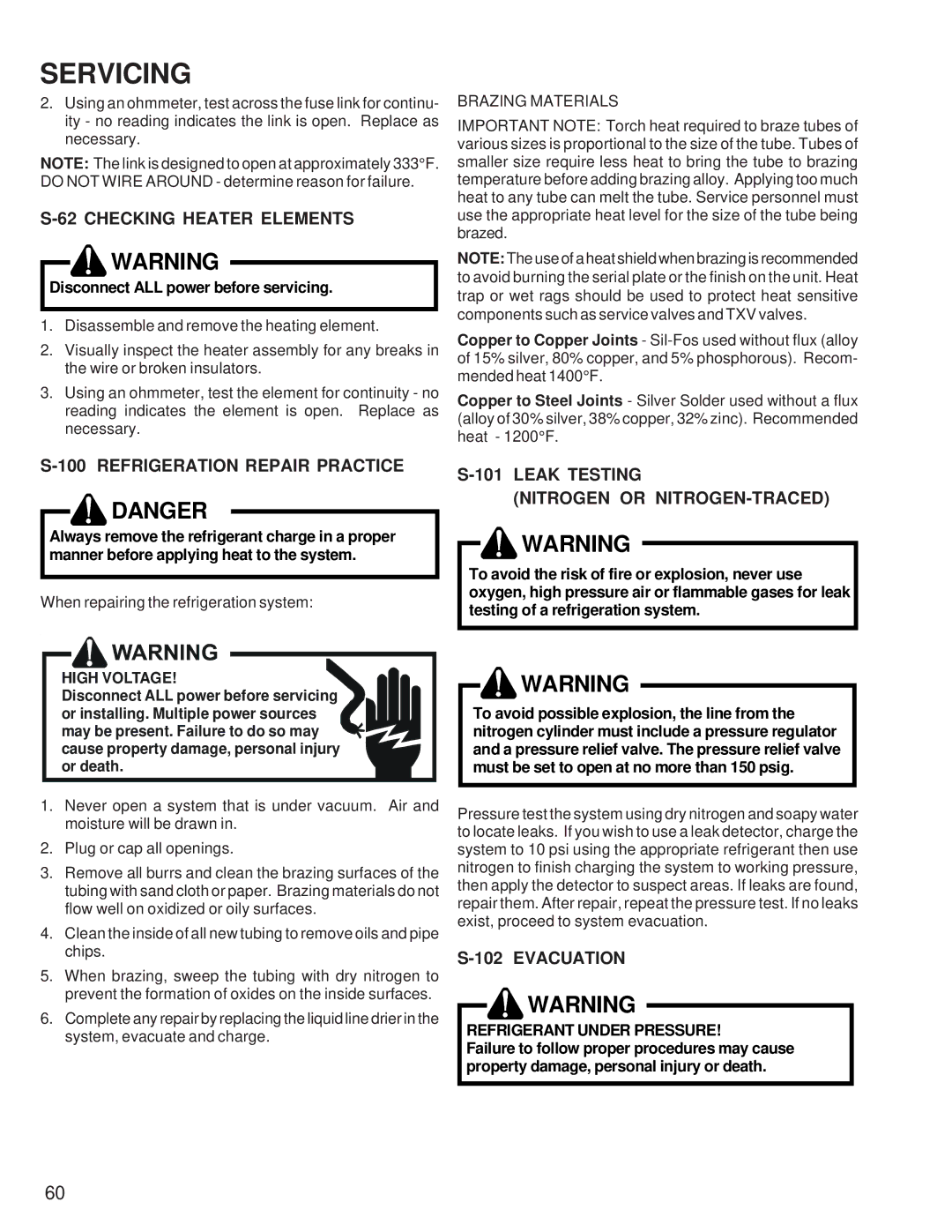 Goodmans DSZ, GSZ Refrigeration Repair Practice, Leak Testing Nitrogen or NITROGEN-TRACED, Evacuation, Brazing Materials 