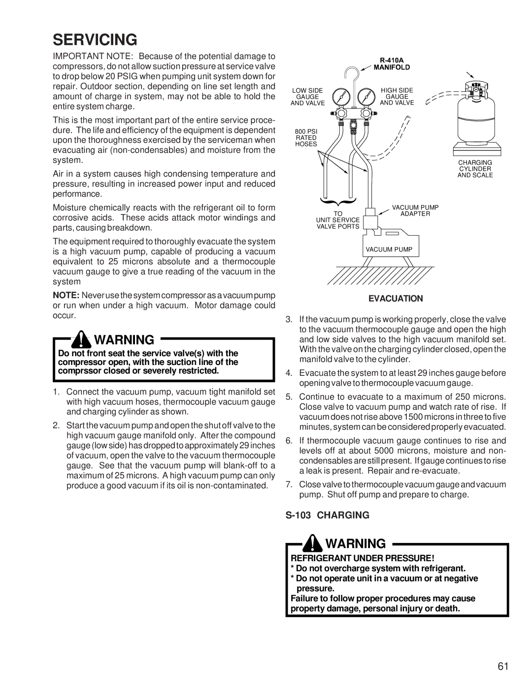 Goodmans DSX, GSZ, ASZ, SSX, ASX, DSZ, GSX, SSZ manual Charging, Evacuation 