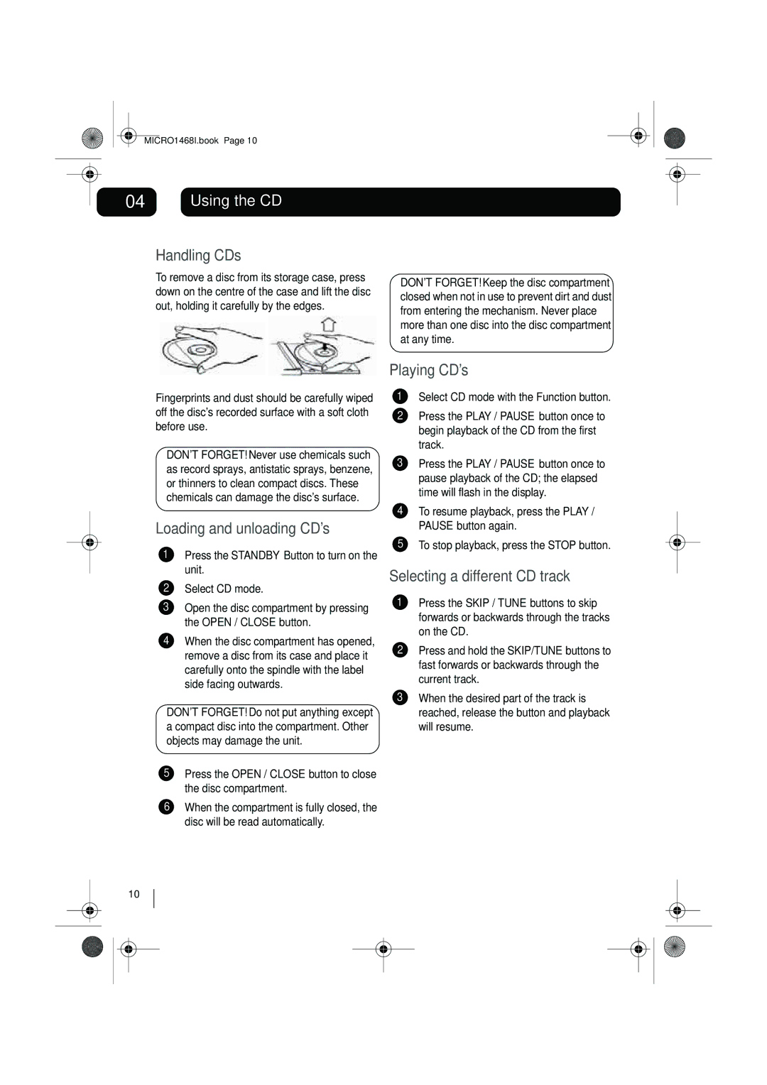 Goodmans MICRO1468I Using the CD, Handling CDs, Loading and unloading CD’s, Playing CD’s, Selecting a different CD track 