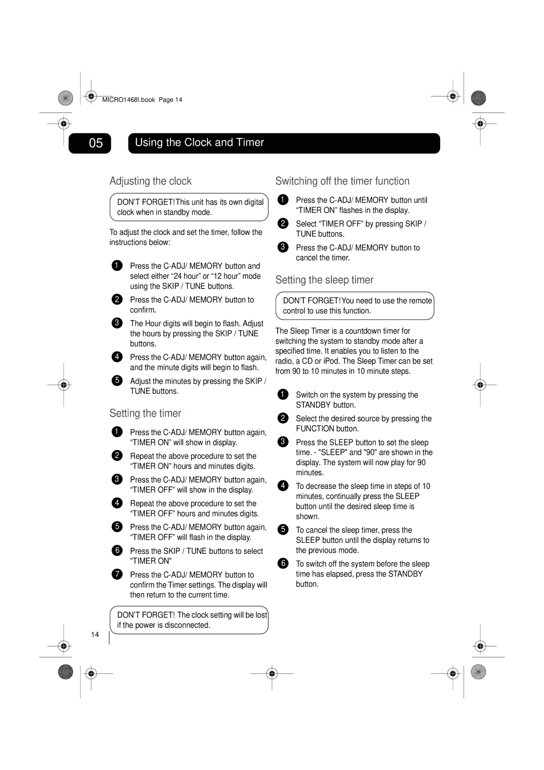 Goodmans MICRO1468I Using the Clock and Timer, Adjusting the clock, Setting the timer, Setting the sleep timer 