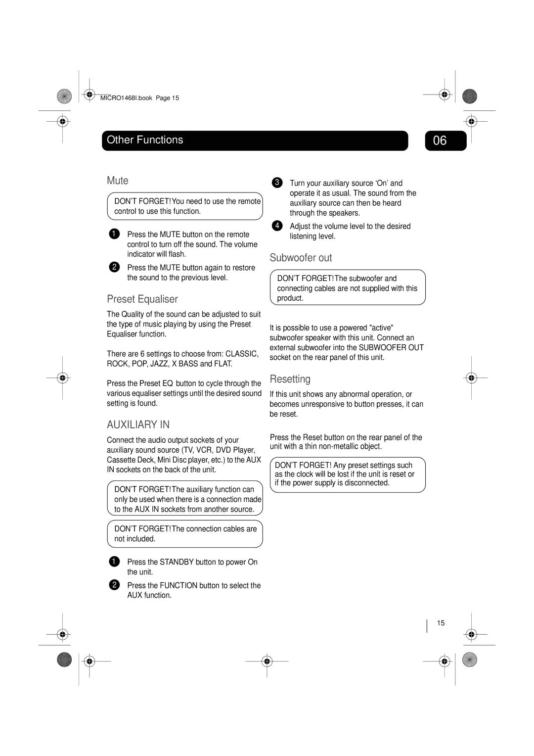 Goodmans MICRO1468I instruction manual Other Functions, Mute, Preset Equaliser, Subwoofer out, Resetting 