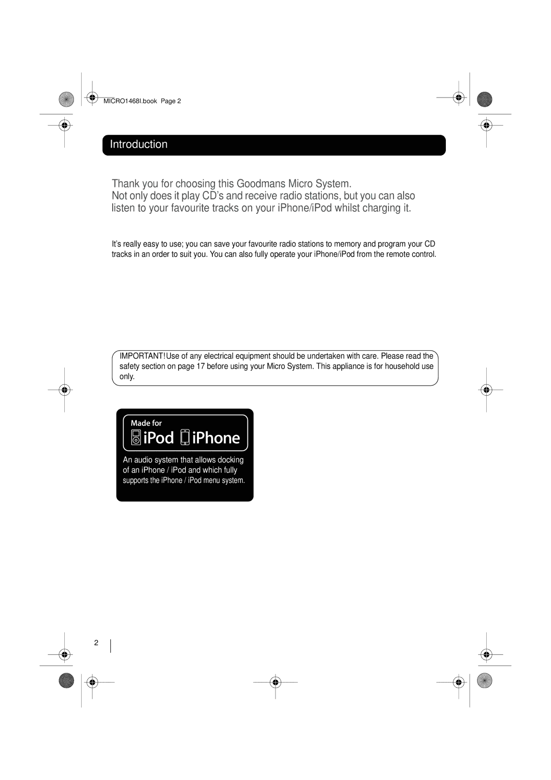 Goodmans MICRO1468I instruction manual Introduction, Thank you for choosing this Goodmans Micro System 