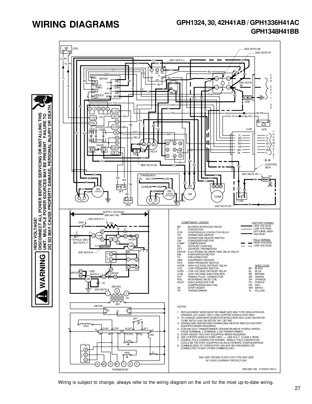 Goodmans GPH 13 H, Package Heat Pump Units service manual Wiring Diagrams, GPH1324, 30, 42H41AB / GPH1336H41AC GPH1348H41BB 