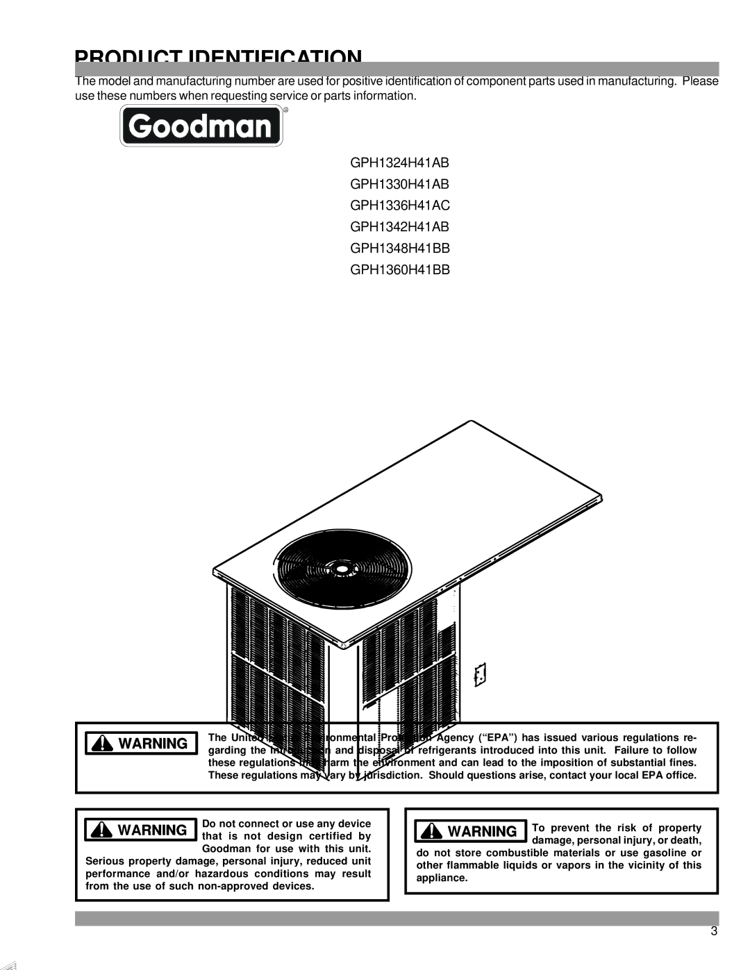 Goodmans GPH 13 H, Package Heat Pump Units service manual Do not connect or use any device 