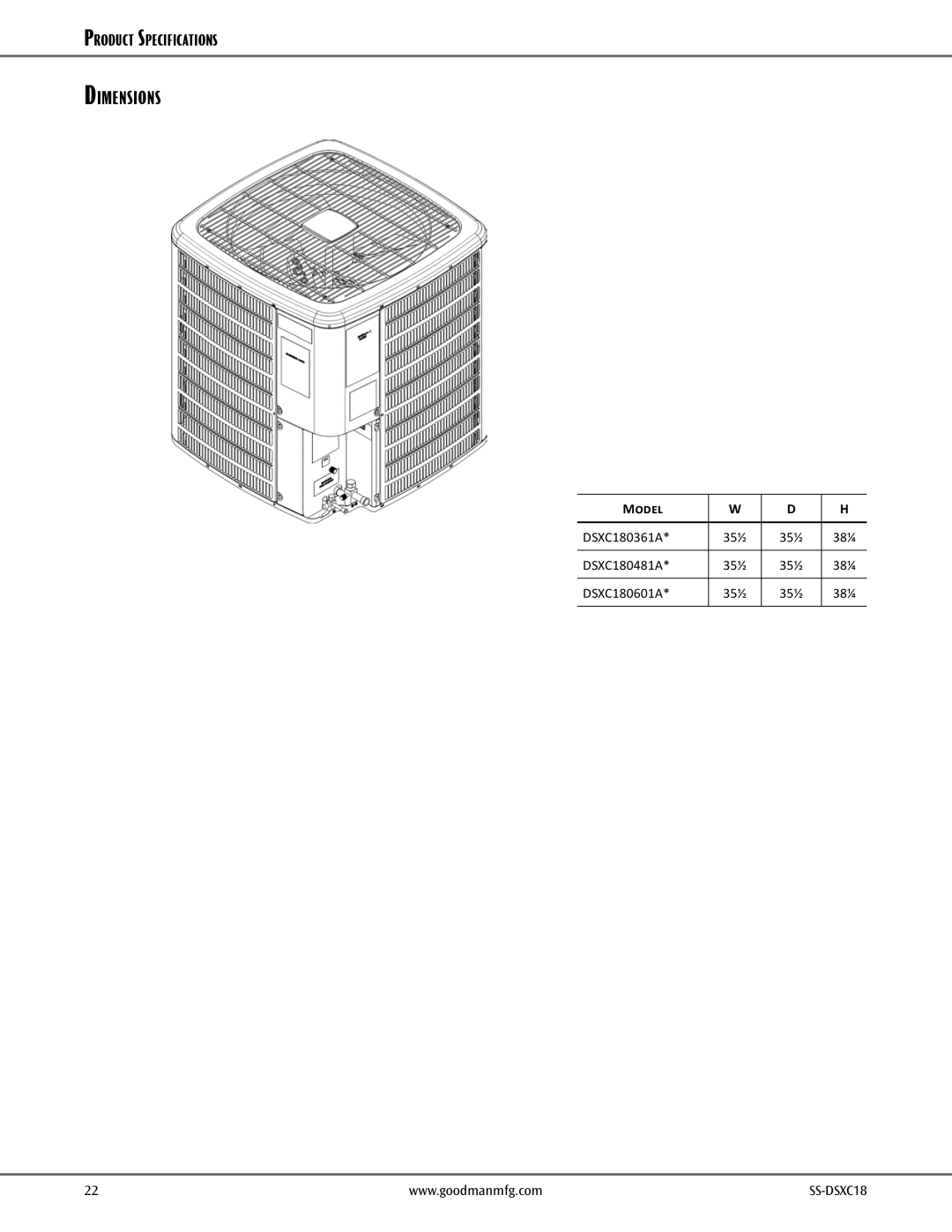 Goodmans DSXC18, Split System Air Conditioner warranty Dimensions, Model 