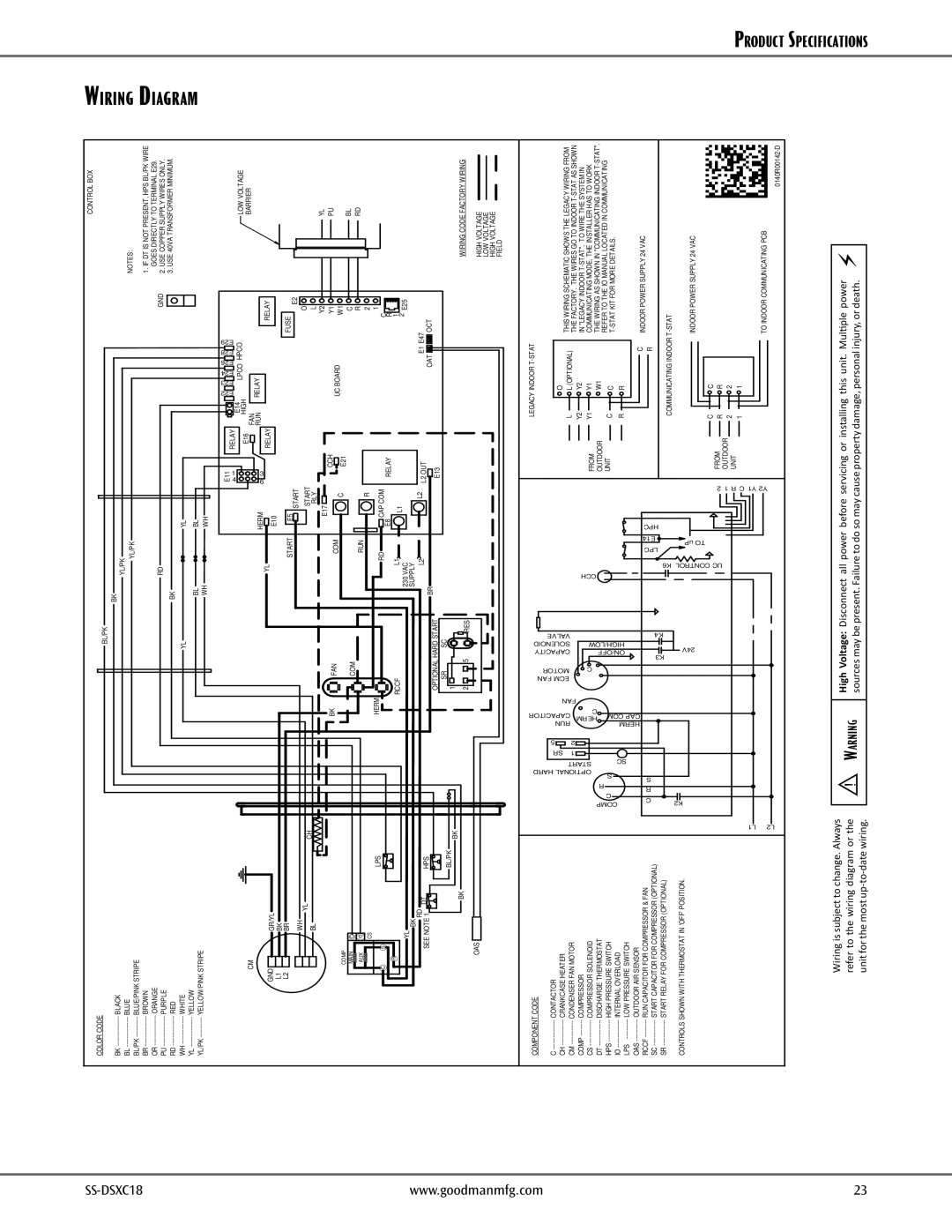 Goodmans Split System Air Conditioner warranty Wiring Diagram, SS-DSXC18, Wiring is subject to change. Always 