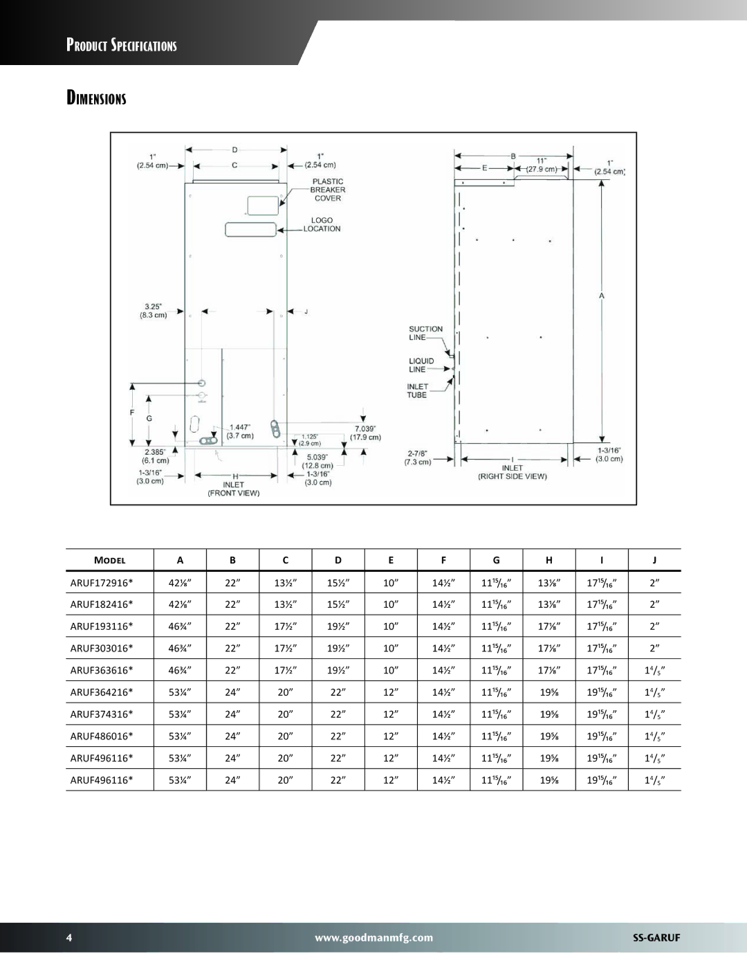 Goodmans SS-GARUF, Multi-Position, Three-Speed Air Handler With Galvanized Cabinet dimensions Dimensions, Model 