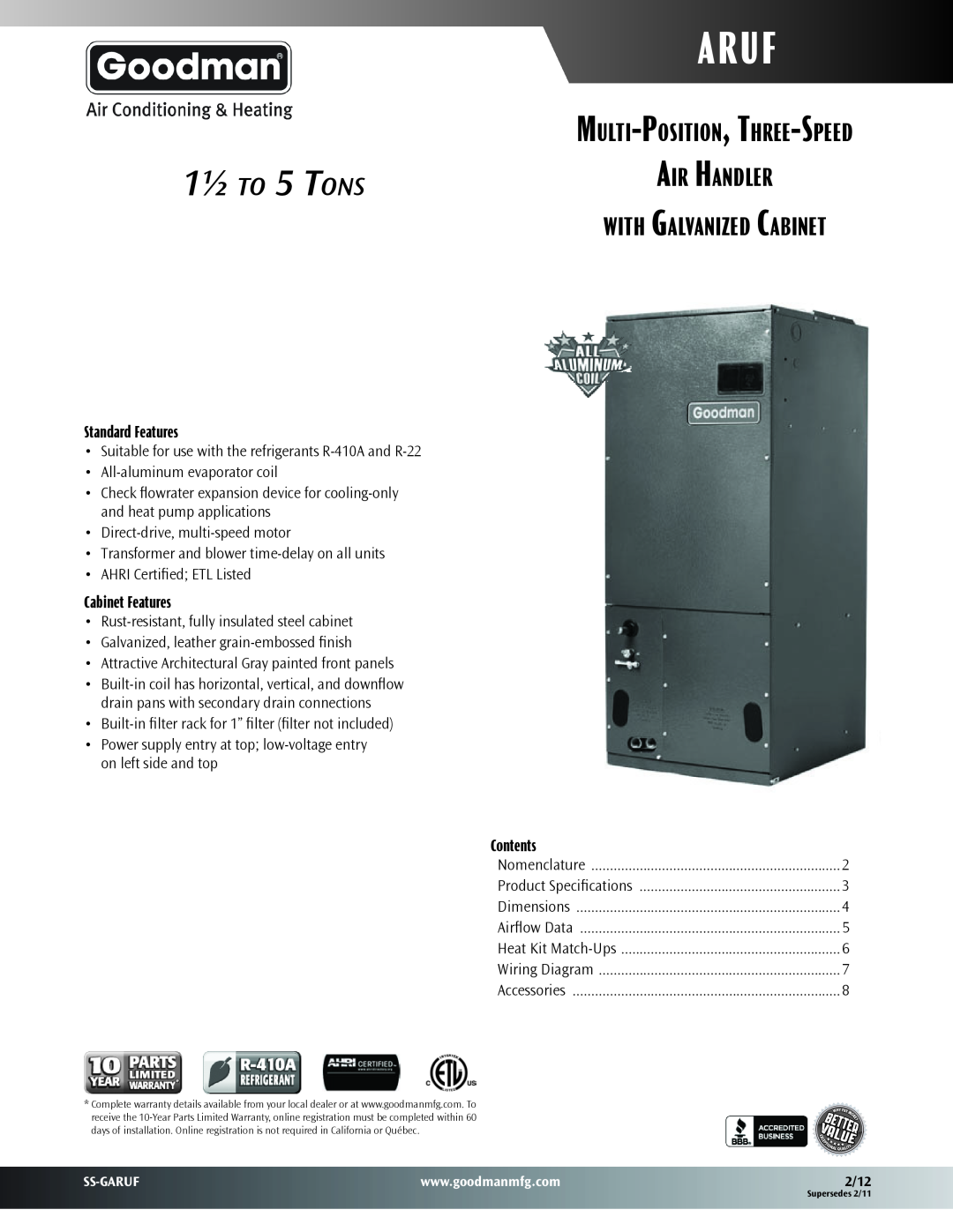 Goodmans Multi-Position, Three-Speed Air Handler With Galvanized Cabinet dimensions Aruf, Standard Features, Contents 