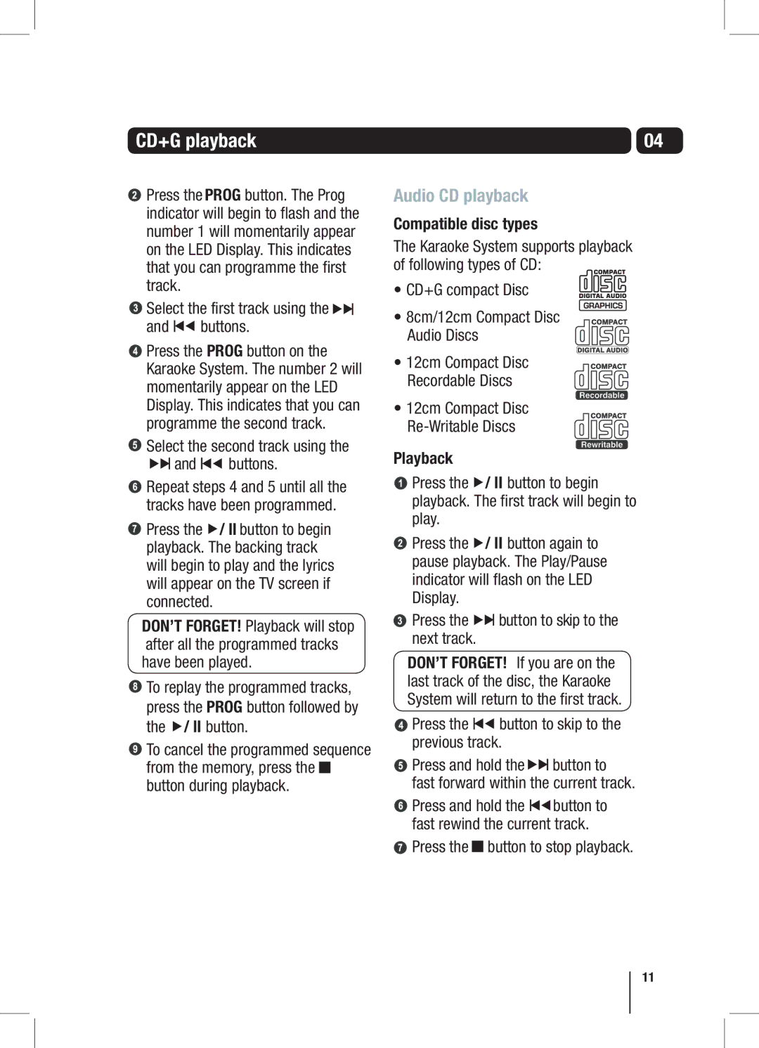 Goodmans XB6CDG manual CD+G playback, Audio CD playback, Compatible disc types 