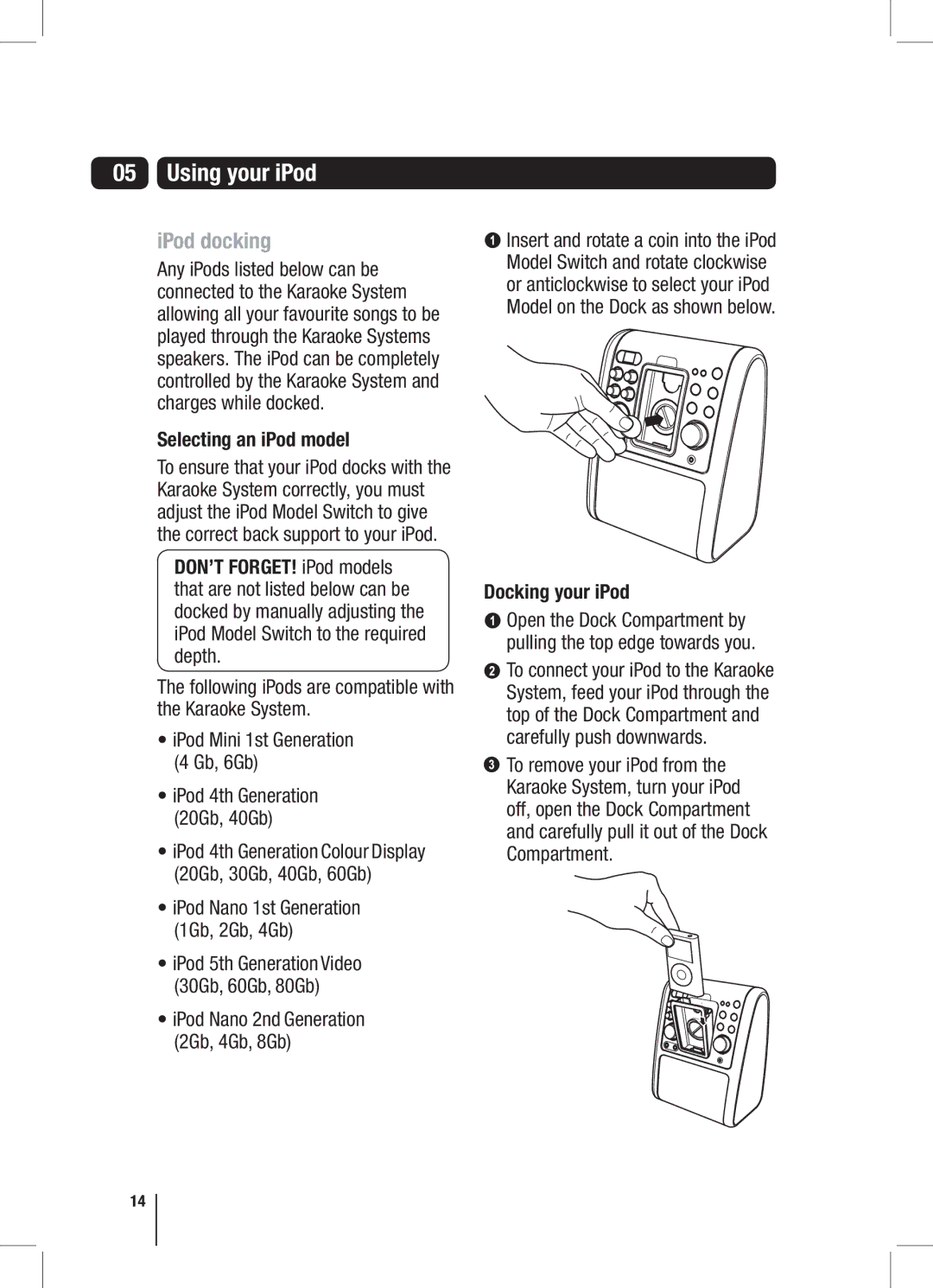 Goodmans XB7CDGIP manual Using your iPod, IPod docking, Selecting an iPod model, Docking your iPod 