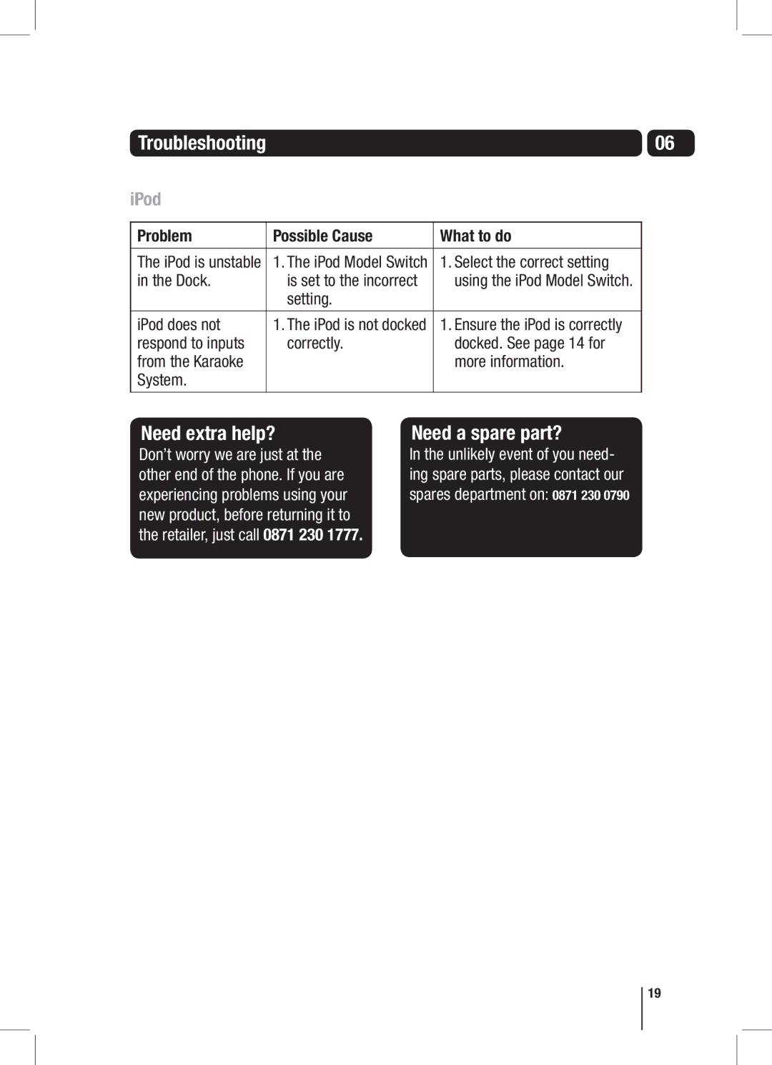 Goodmans XB7CDGIP manual Need a spare part?, Dock, Setting IPod does not 