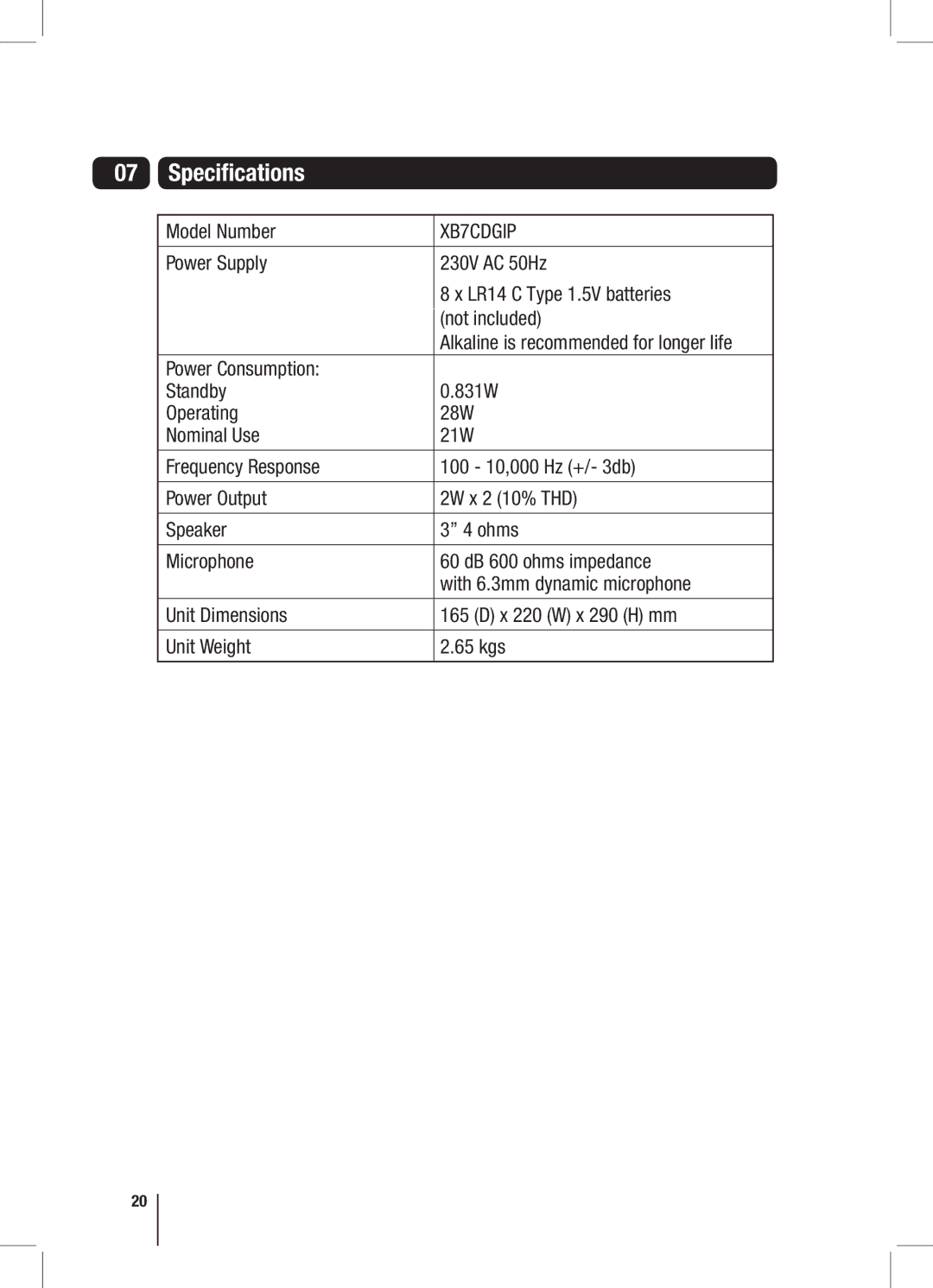 Goodmans XB7CDGIP manual Specifications, Model Number 